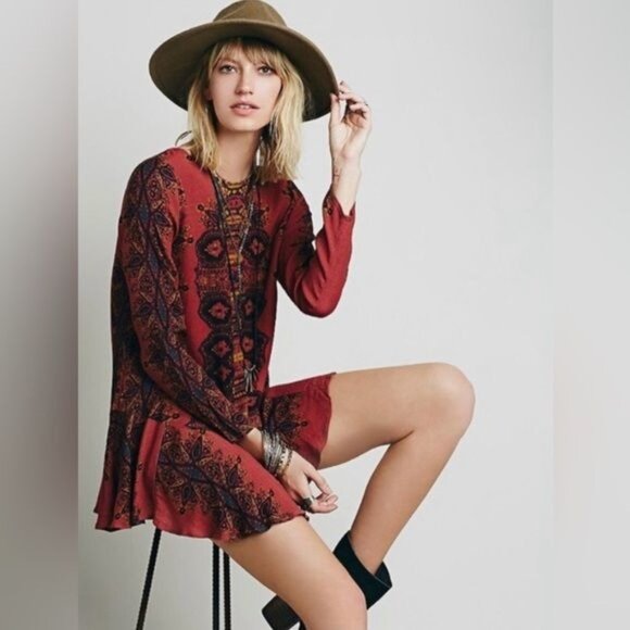 NWOT Free People Boho White & Blue Printed Tunic Mini Dress - Picture 10 of 15